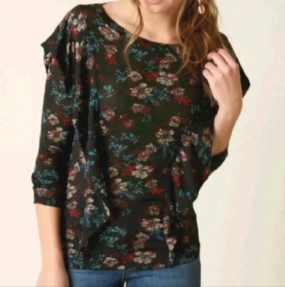 Free People Dock Street Blouse Med Ruffled Knit Black Dark Floral Cottagecore